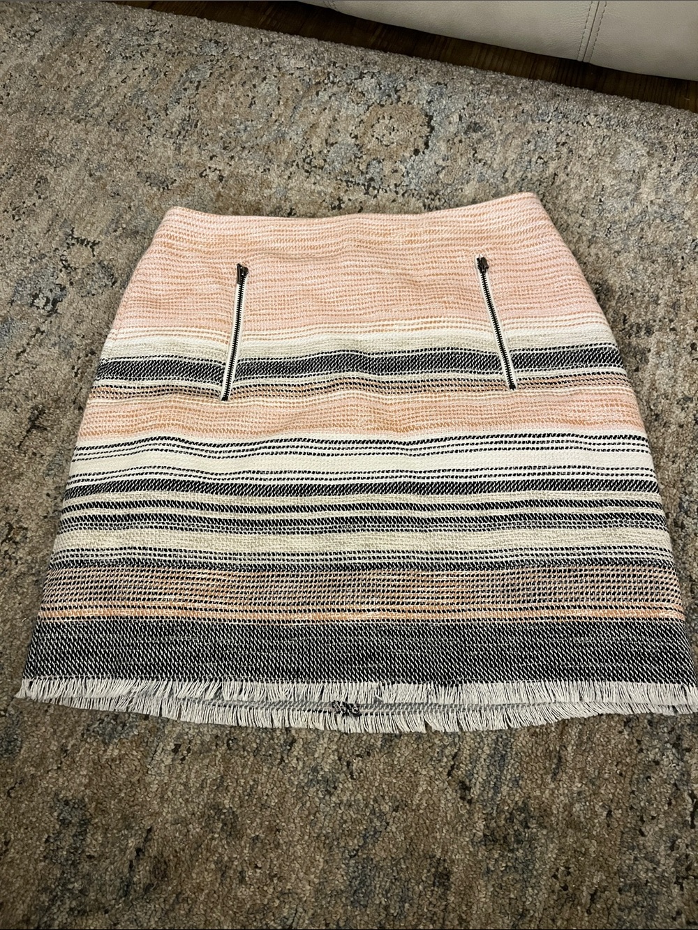 LOFT Pink, Black and Cream Striped Knit Mini Skirt with Fringe